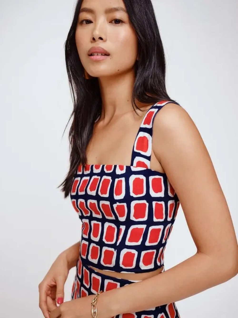 Reformation “Vio” Red and Navy Geometric Square Crop Top